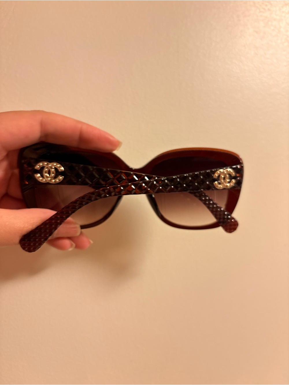 CHANEL Brown Quilted Temple Sunglasses with Gold CC Accents
